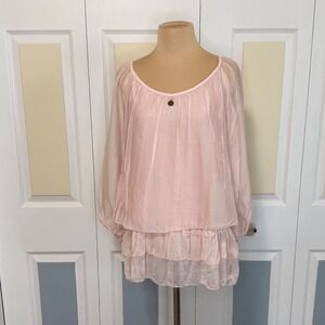 Tempo Paris Pink 100% Silk Tiered Ruffle Blouse Made in Italy V6063JL Womens L